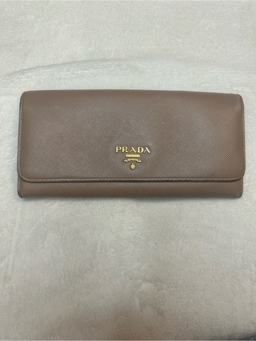 Prada Taupe Saffiano Continental Wallet with Gold Logo